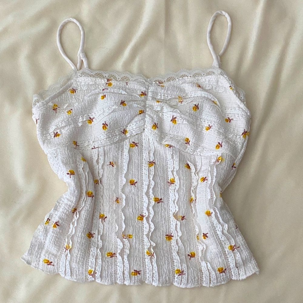 White crop top with Yellow Floral Embroidery and lace